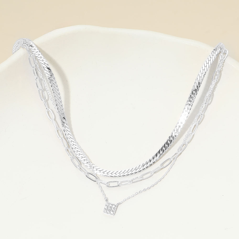 White Gold Dipped Stone Pave Square Pendant Accent Herringbone Paperclip Chain Layered Necklace