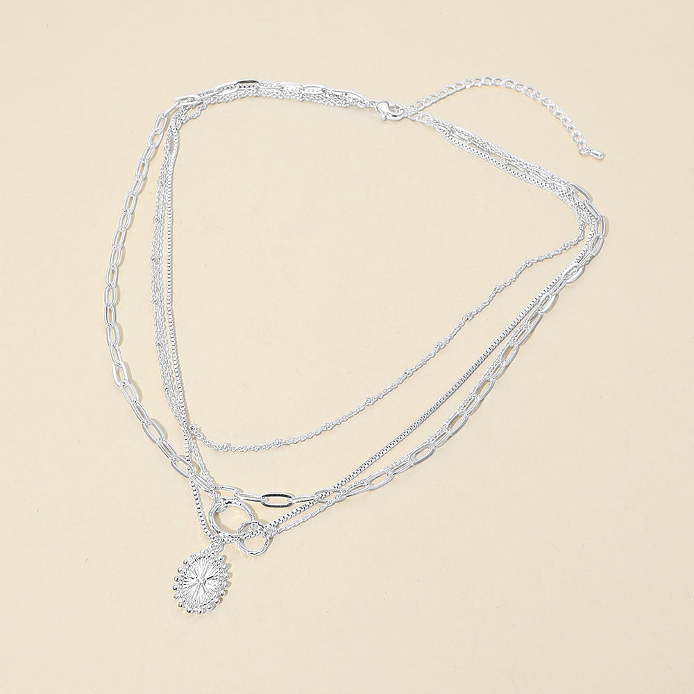 White Gold Dipped Oval Sunburst Charm Accent Mixed Chain Layered Necklace