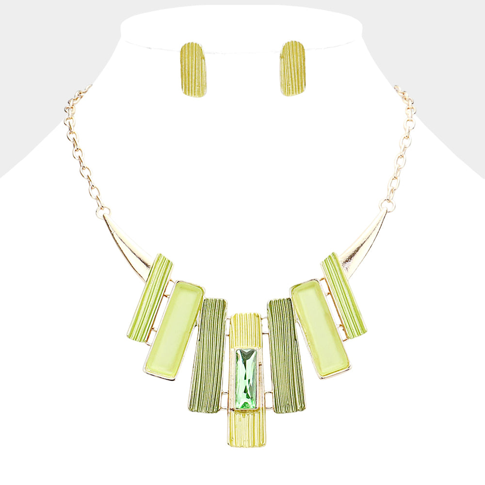 Stone Embellished Colored Metal Rectangle Link Necklace