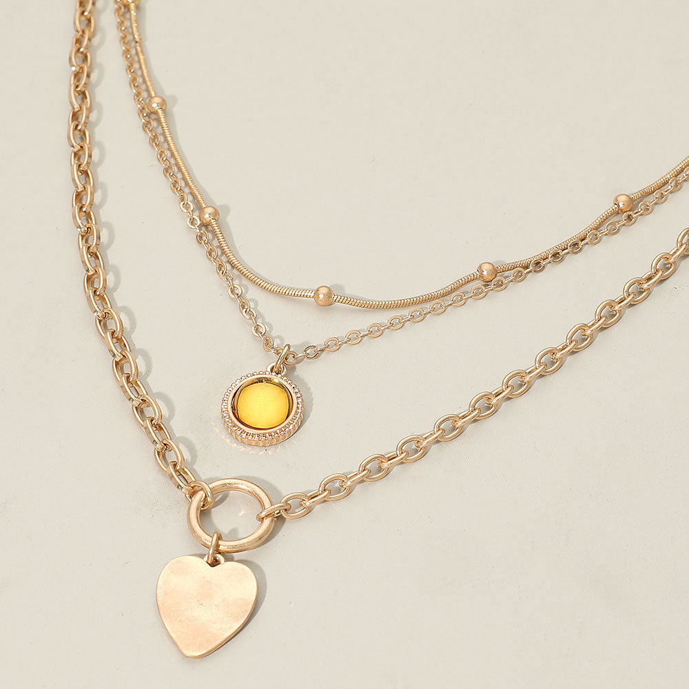 Heart Charm Round Stone Pendant Accent Layered Necklace