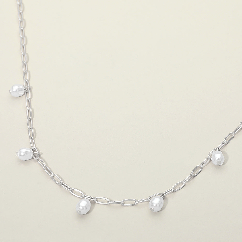 Minimal Pearl Bead Charm Station Paperclip Chain Necklace