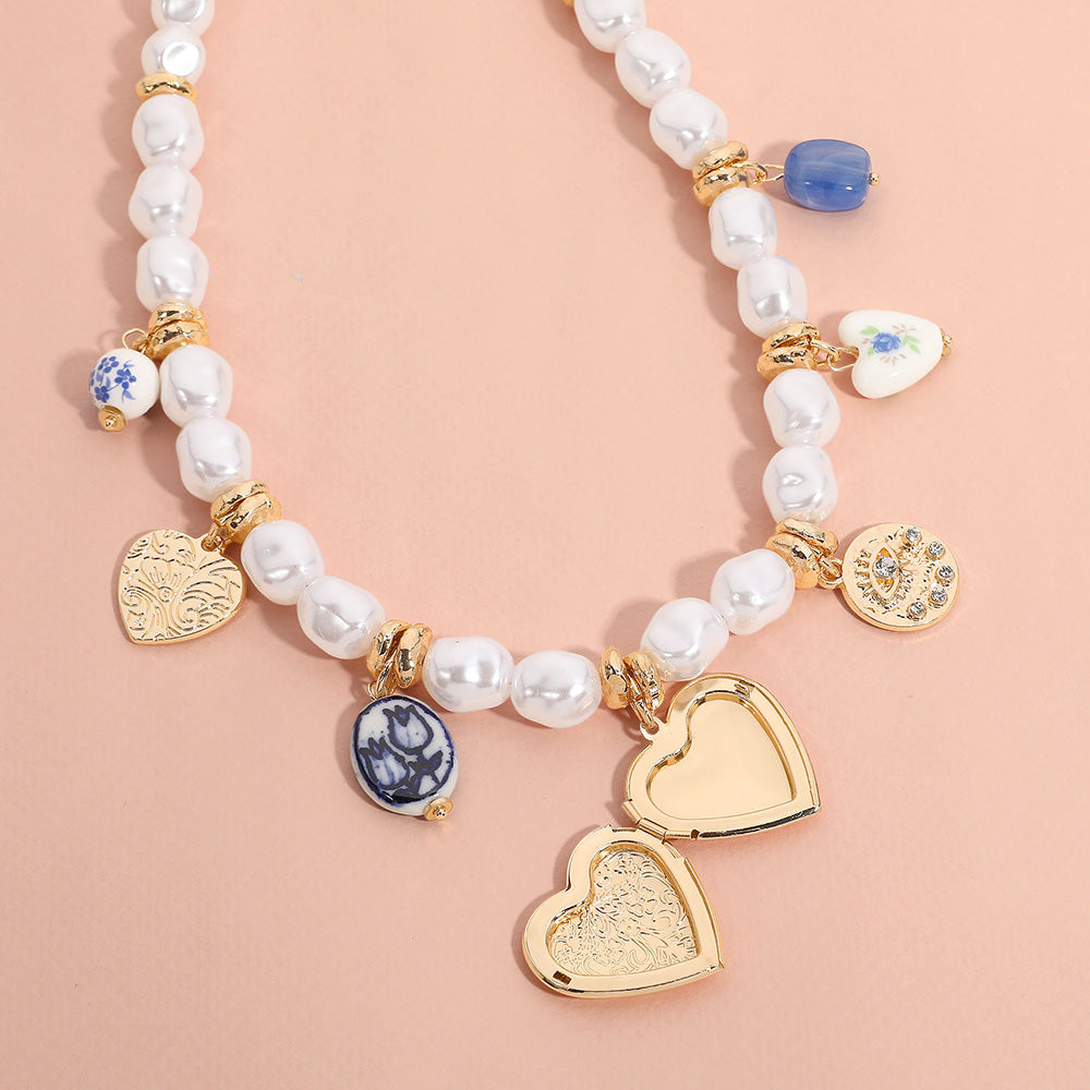 Metal Heart Locket Ceramic Ball Heart Evil Eye Charm Station Pearl Necklace