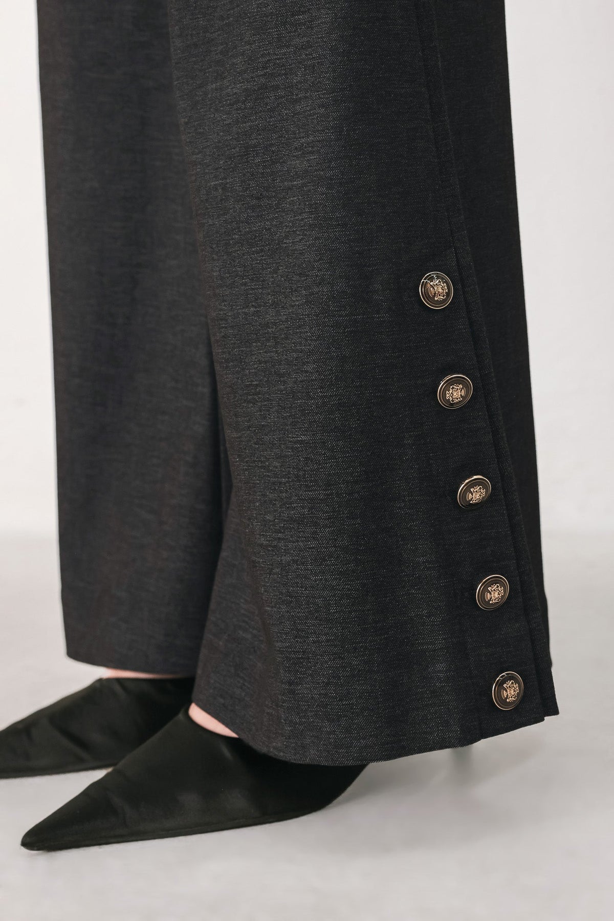 COMMAND NOIR BLACK BUTTON-HEM FLARE PANTS