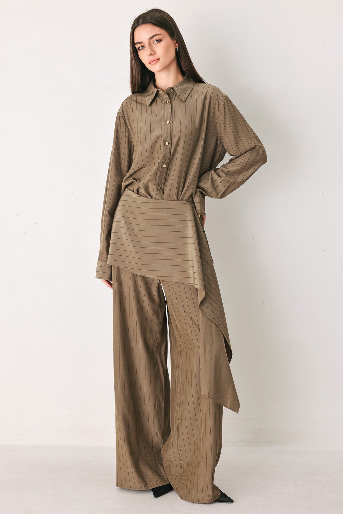 STRIPED DRAMA BROWN & BLACK SCARF-OVERLAY PANTS