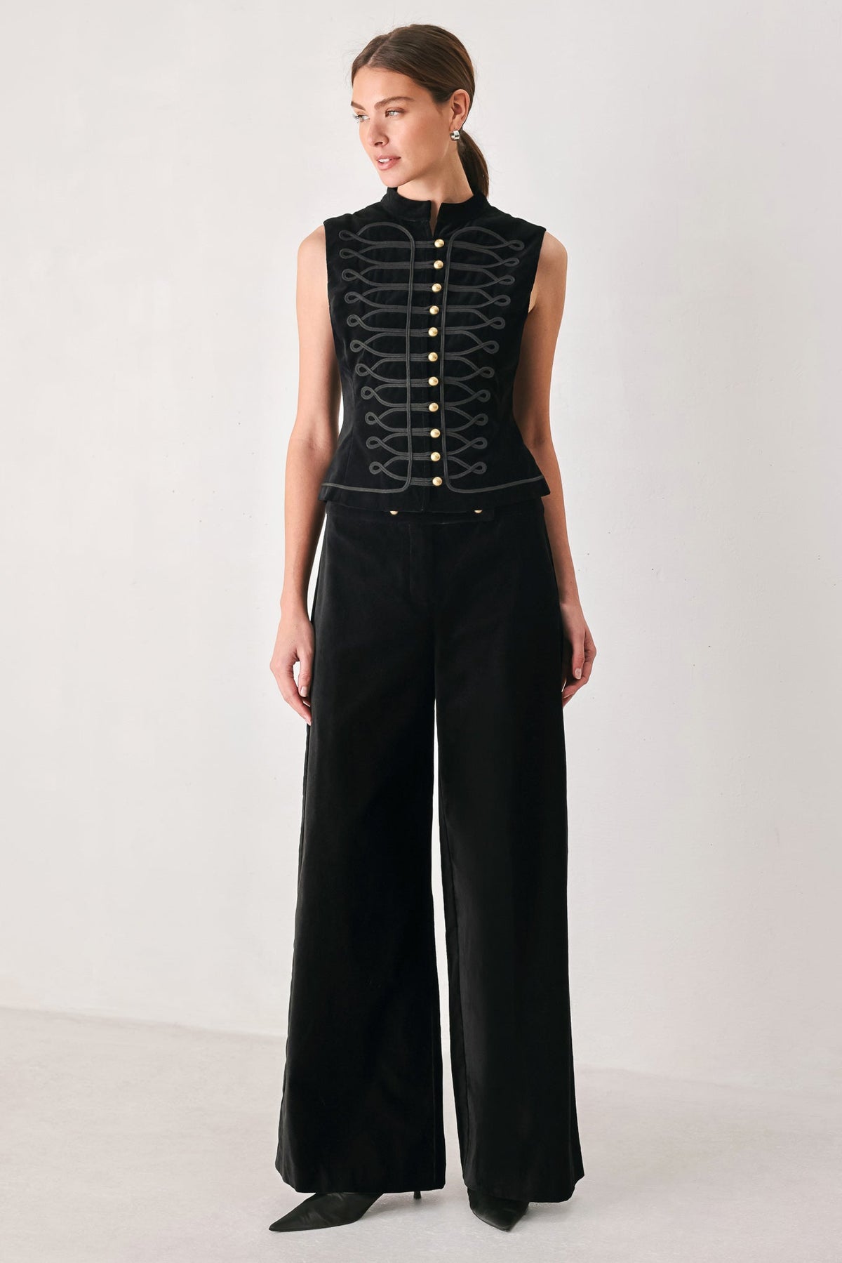 VELVET COMMAND BLACK BUTTON-WAIST WIDE-LEG PANTS