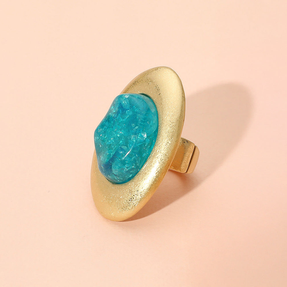 Oversized Abstract Resin Dome Accent Brushed Metal Oval Stretch Ring