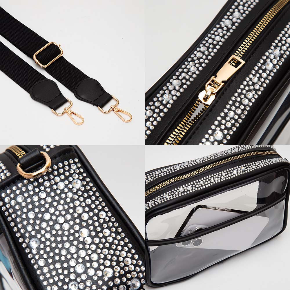 Bling Studded Faux Leather Transparent Rectangle Crossbody Bag