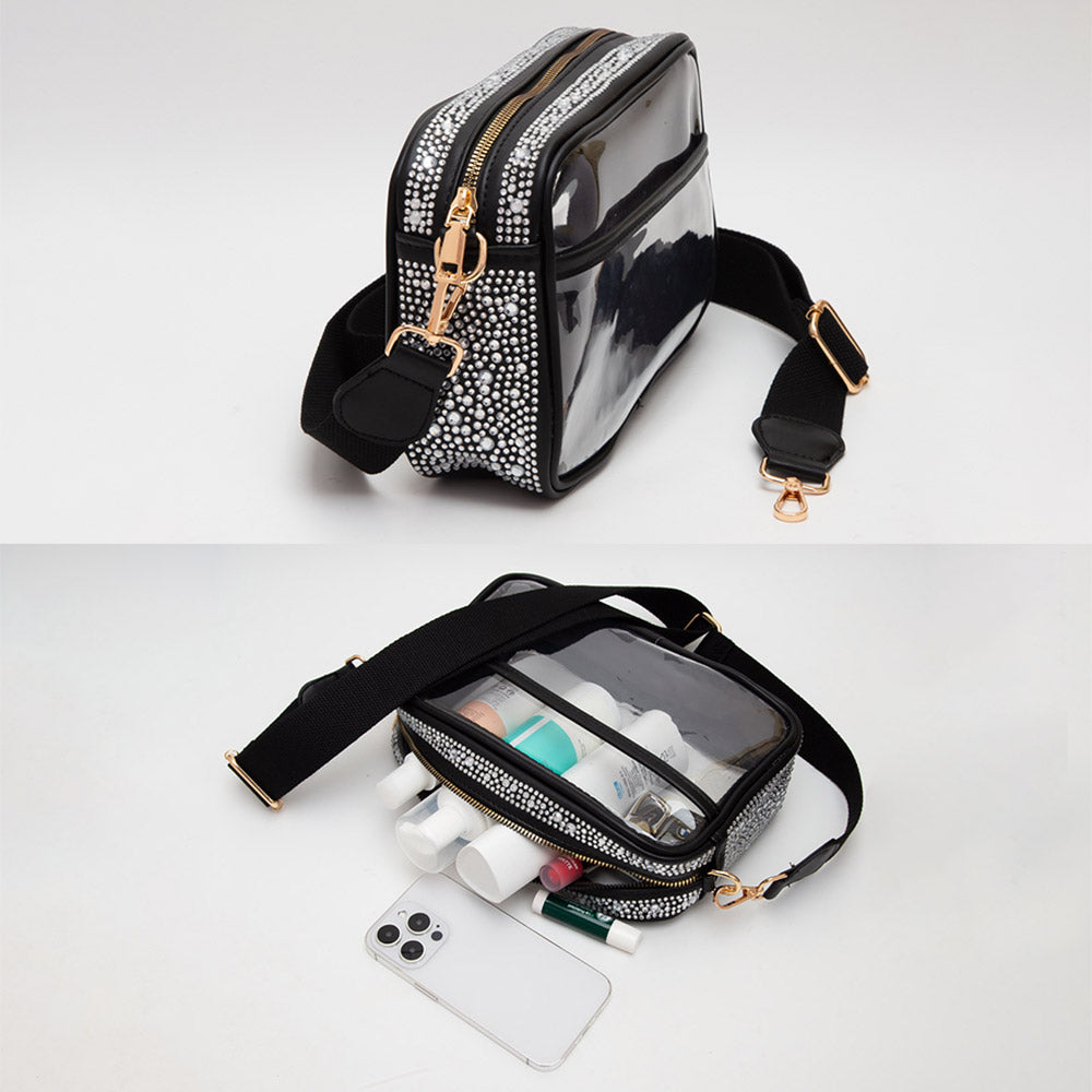 Bling Studded Faux Leather Transparent Rectangle Crossbody Bag