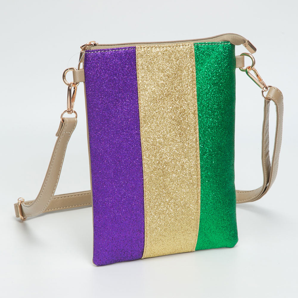 Women's Glittered Vertical Strip Mardi Gras Flat Mini Crossbody Bag