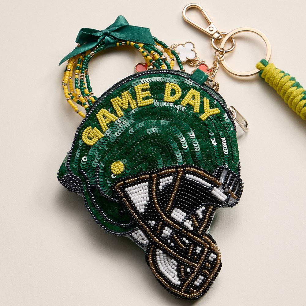 OREGON GAME DAY Football Helmet Sequin Seed Beaded Knot Keychain Mini Pouch Bag