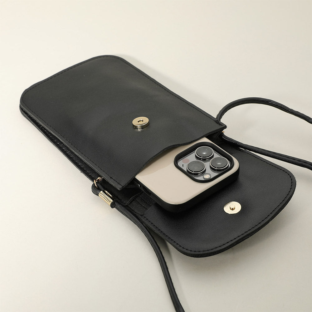 Metal Ring Handle Faux Leather Mini Phone Pouch Clutch Bag / Crossbody Bag