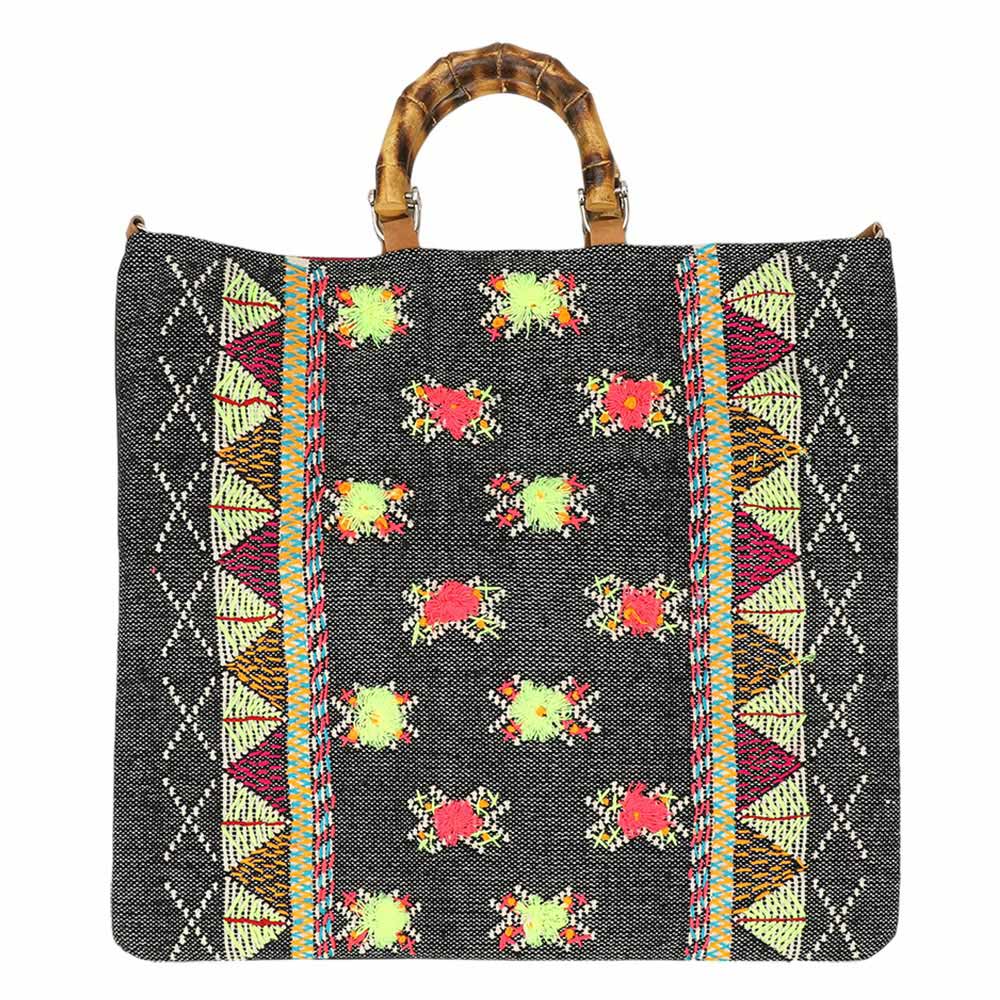 Handwoven Embroidery Boho Pattern Bamboo Handle Tote / Crossbody Bag