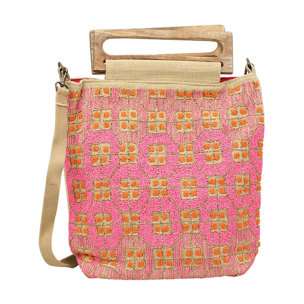 Handcrafted Beaded Boho Wooden Handle Tote / Crossbody Bag