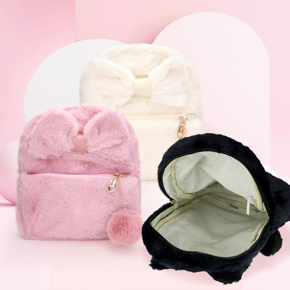 Faux Fur Bow Pom Pom Pointed Plush Mini Backpack