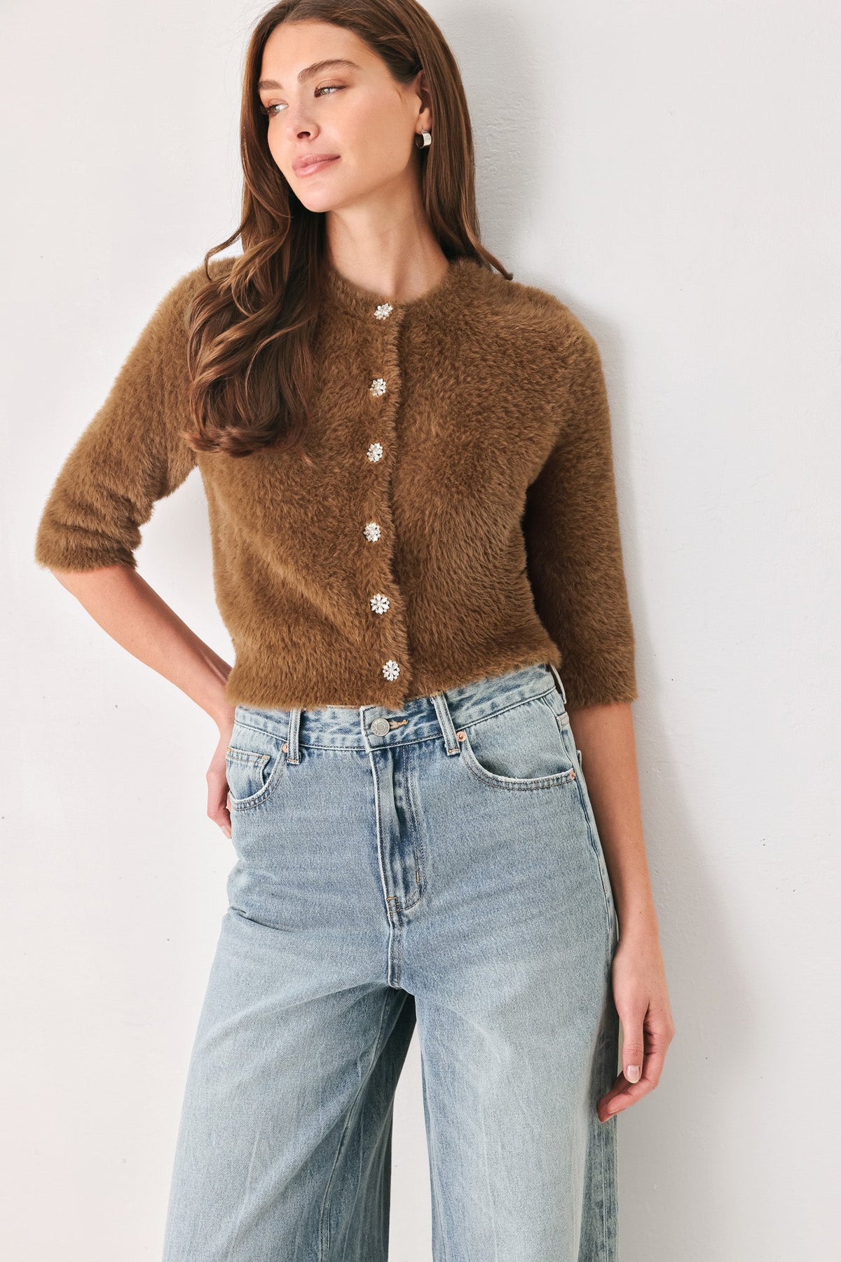 CAMEL CLASSIC CAMEL/OFF WHITE ELBOW-SLEEVE CARDIGAN