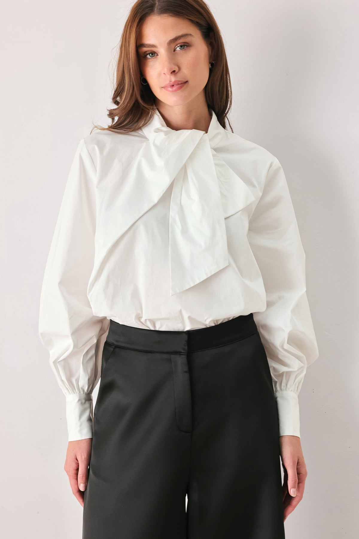 IVORY IMPACT OFF WHITE ASYMMETRICAL TIE-NECK PUFF-SLEEVE TOP