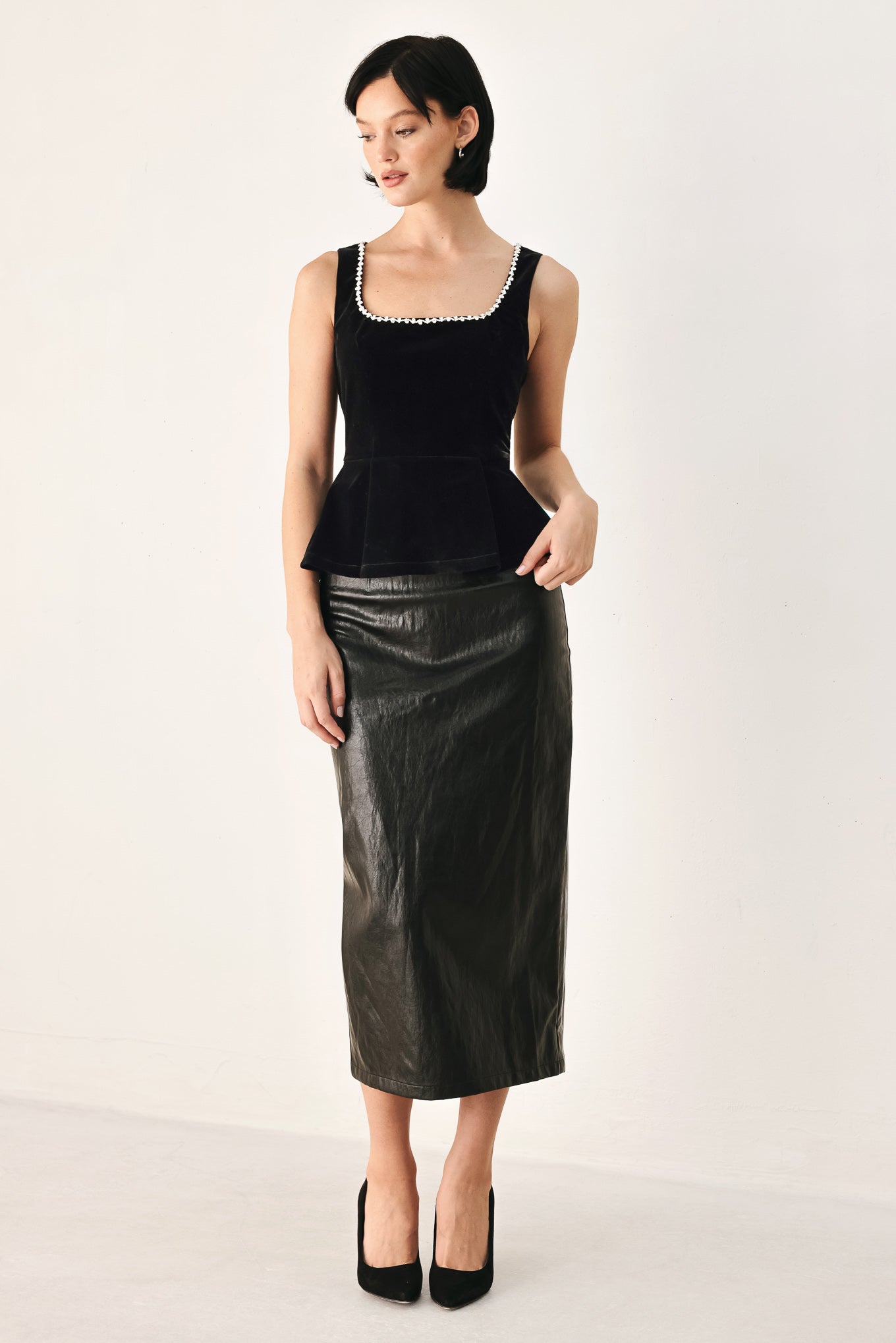MIDNIGHT GLAM JEWELED VELVET PEPLUM TOP