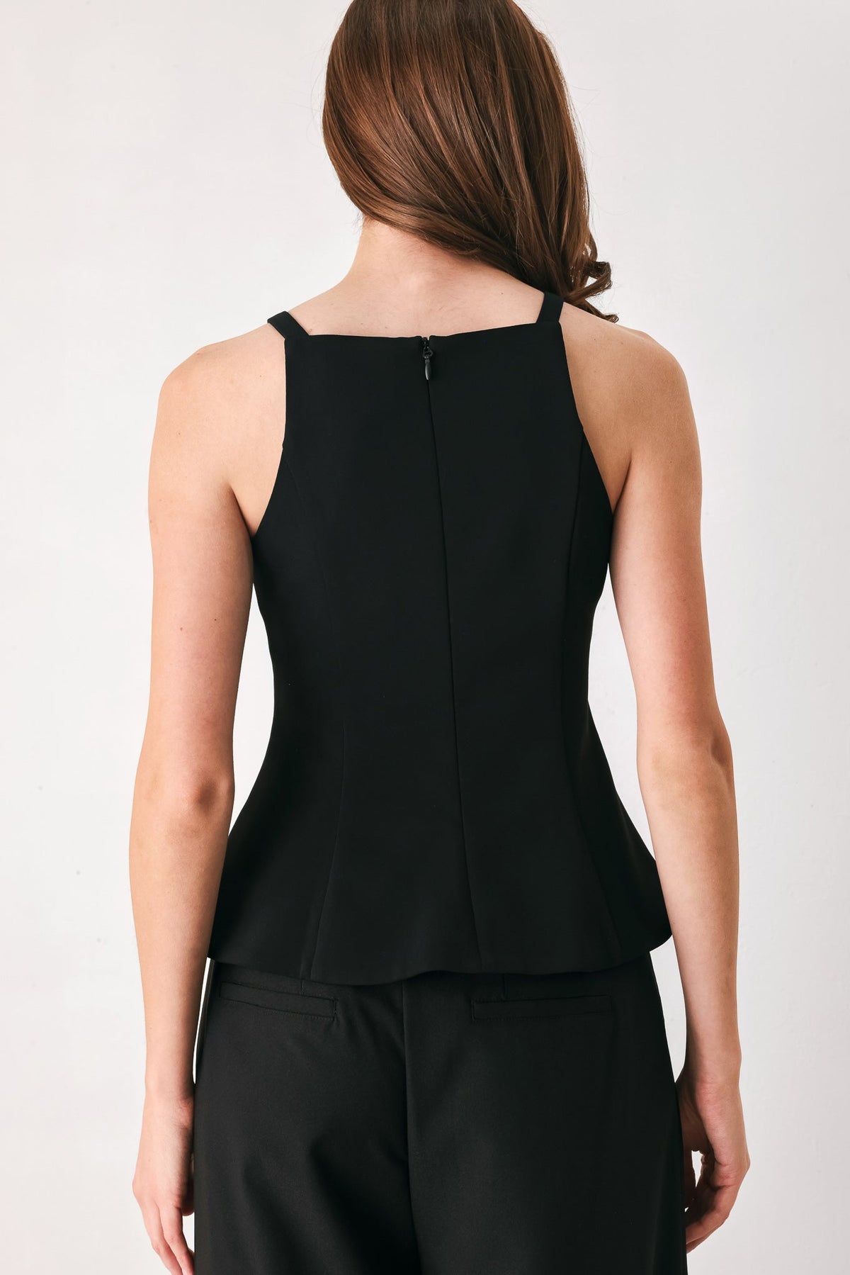 BOW NOIR BLACK RHINESTONE HALTER PEPLUM TOP