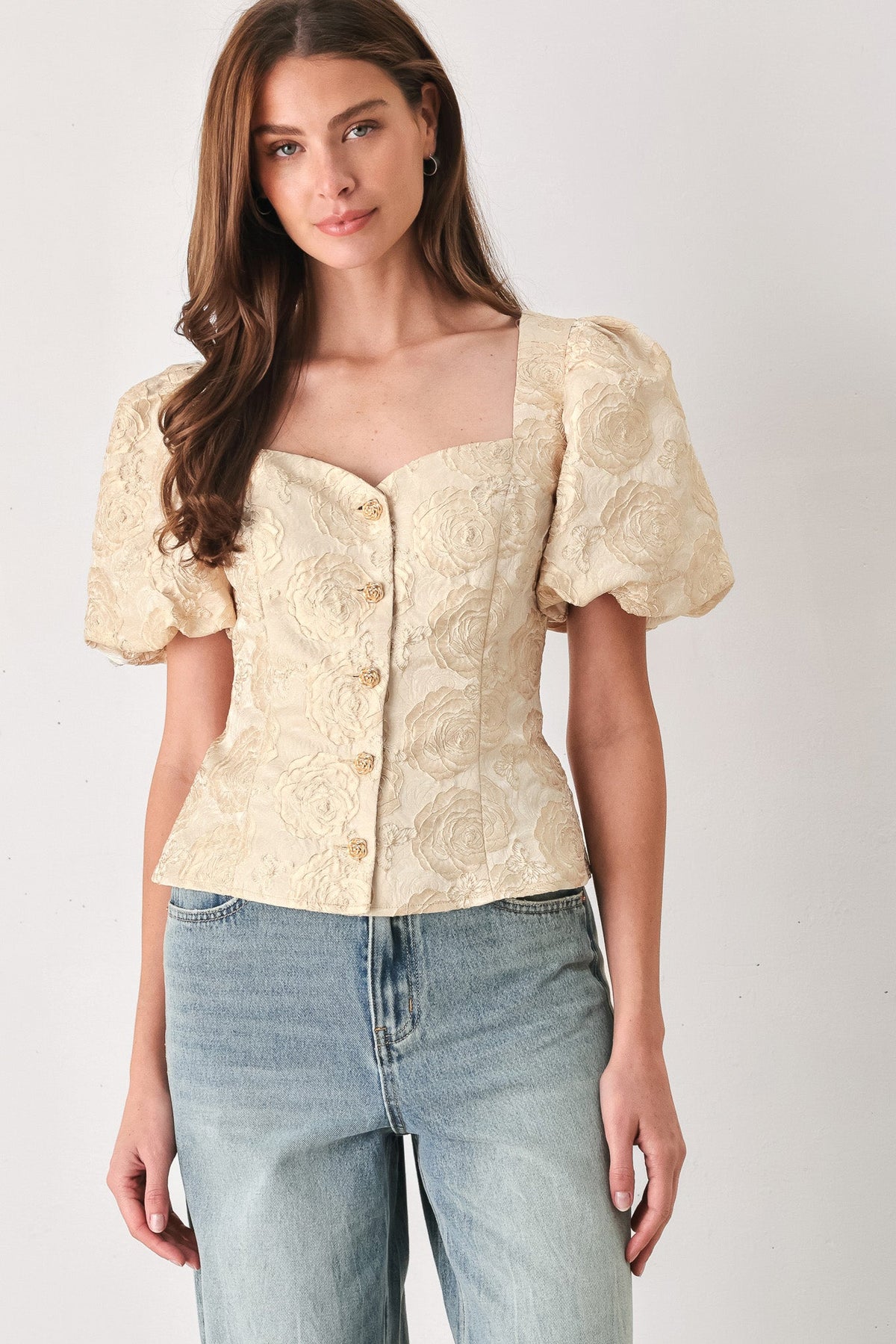 GOLDEN PORTRAIT GOLD TEXTURED PUFF-SLEEVE PEPLUM TOP