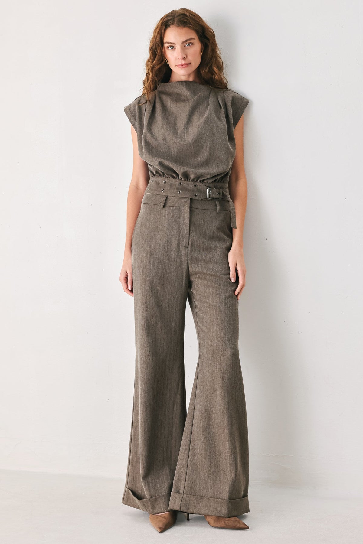 TAILORED TEMPO BROWN FUNNEL-NECK BELTED TOP