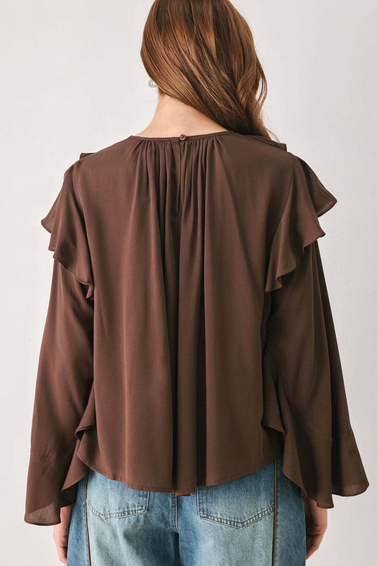 COCOA CASCADE BROWN TIERED-RUFFLE BLOUSE