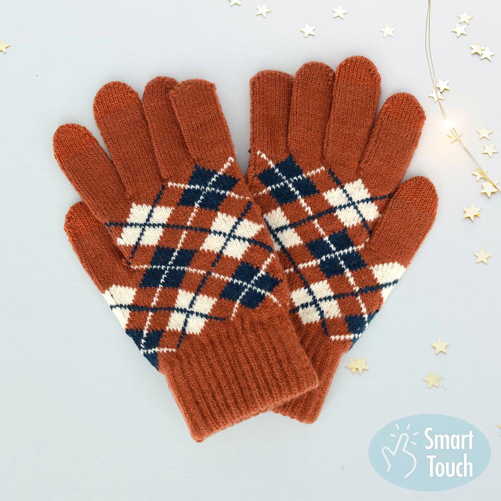 Argyle Patterned Knit Touch Smart Gloves