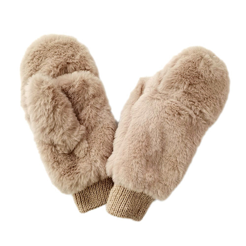Solid Faux Fur Open Up Mitten Gloves