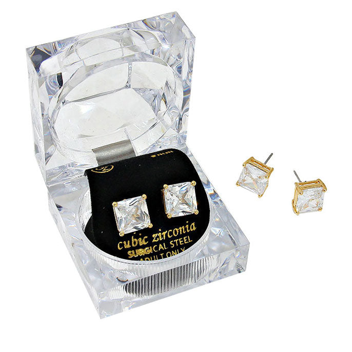 9mm Square Crystal Cubic Zirconia Stud Earrings in Clear Gift Box - Ready to Gift