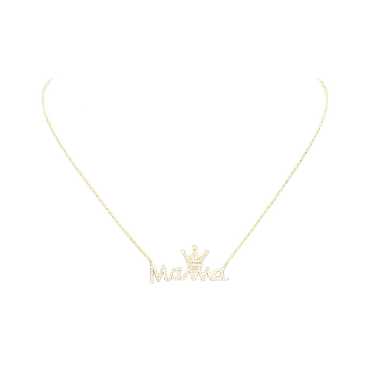 Gold Dipped CZ Crown MAMA Message Pendant Necklace