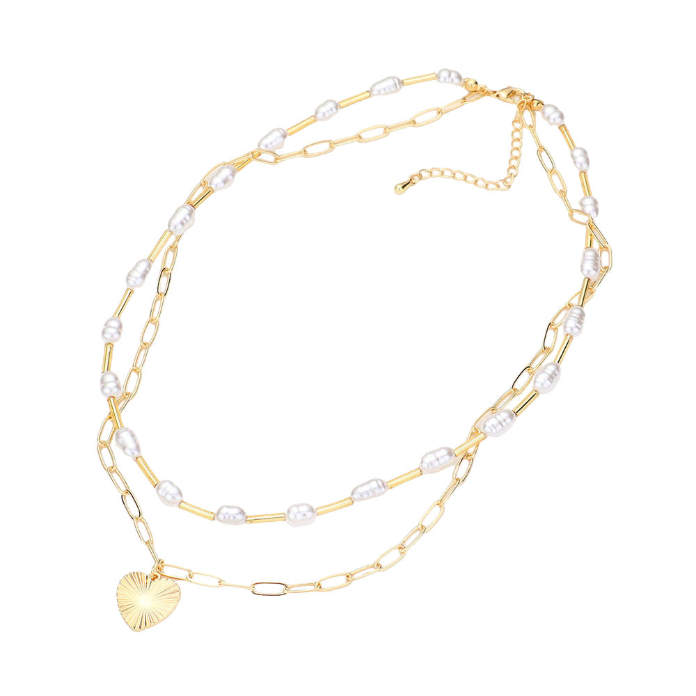 Metal Heart Pendant Freshwater Pearl Double Layered Necklace