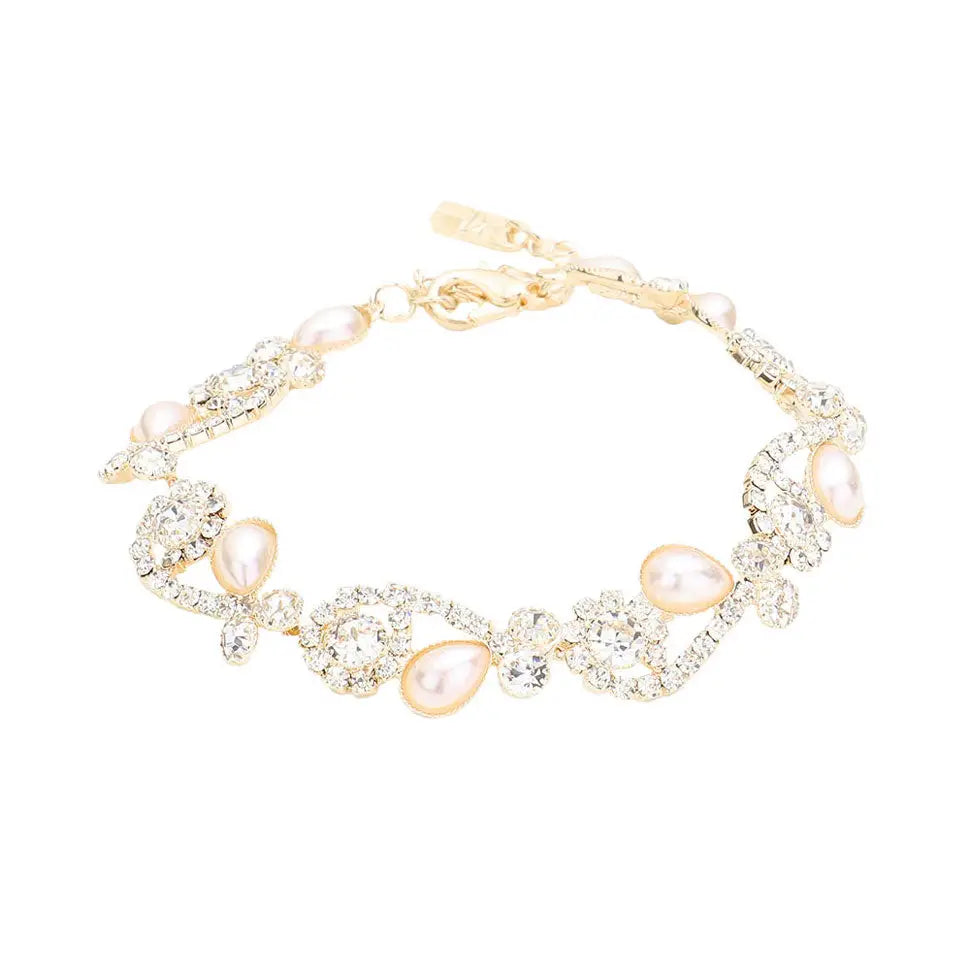 Teardrop Pearl Rhinestone Pave Floral Evening Bracelet