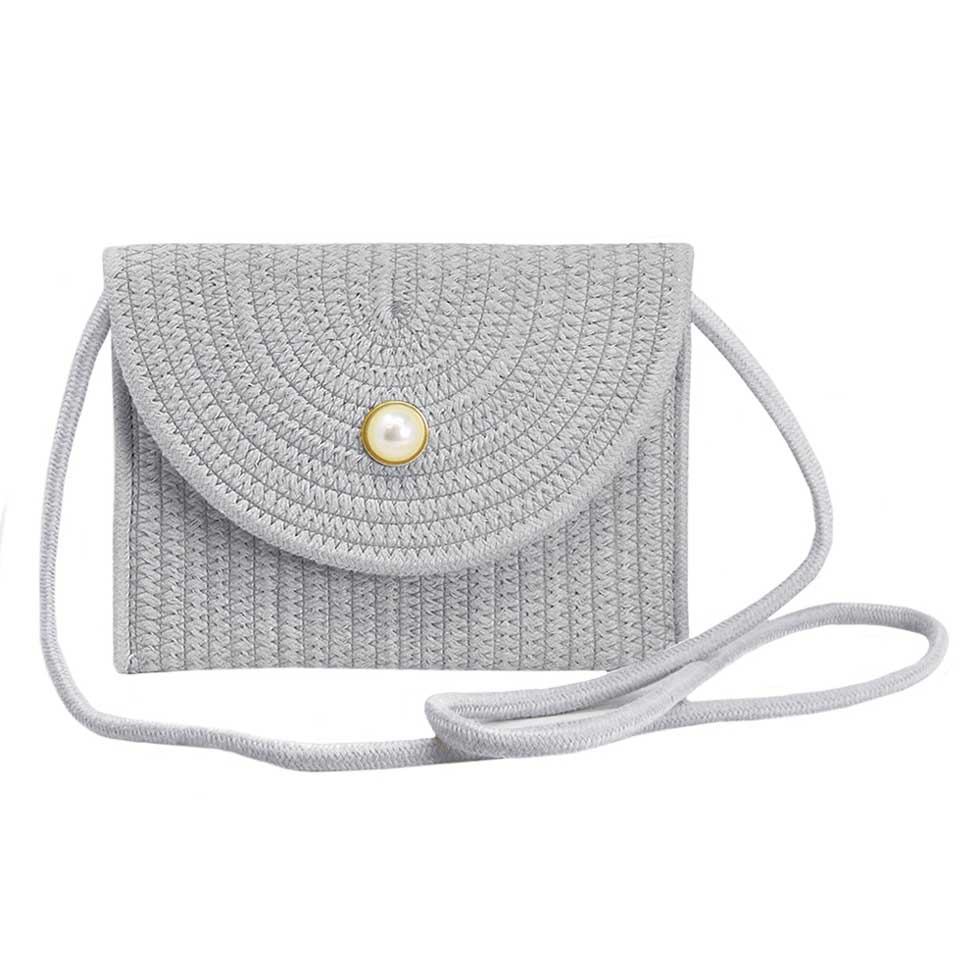 Solid Color With Pearl Button Straw Micro Crossbody Bag