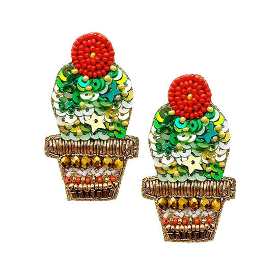 Felt Back Beaded Cactus Dangle Earrings