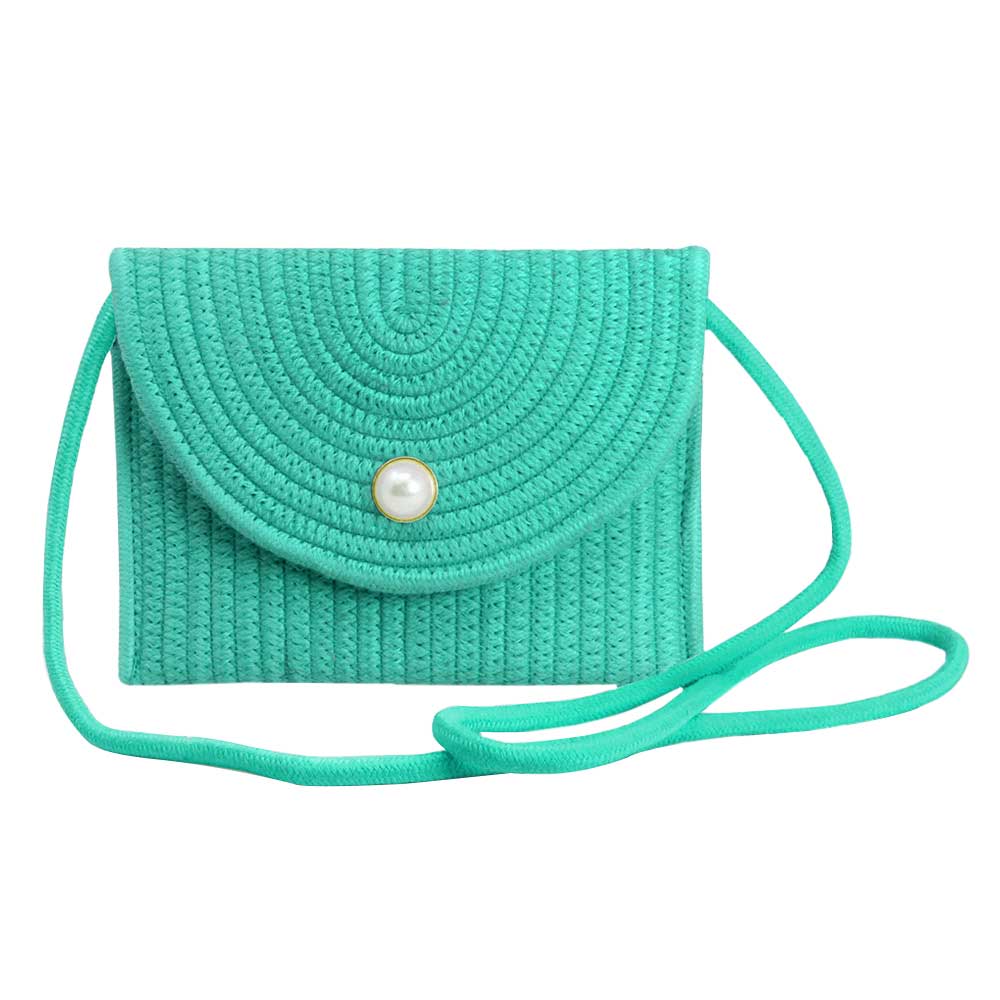 Solid Color With Pearl Button Straw Micro Crossbody Bag