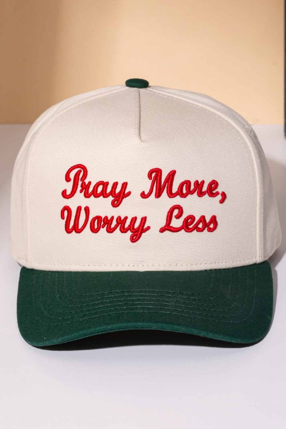 PRAY MORE, WORRY LESS Embroidered Letter Two Tone Cap