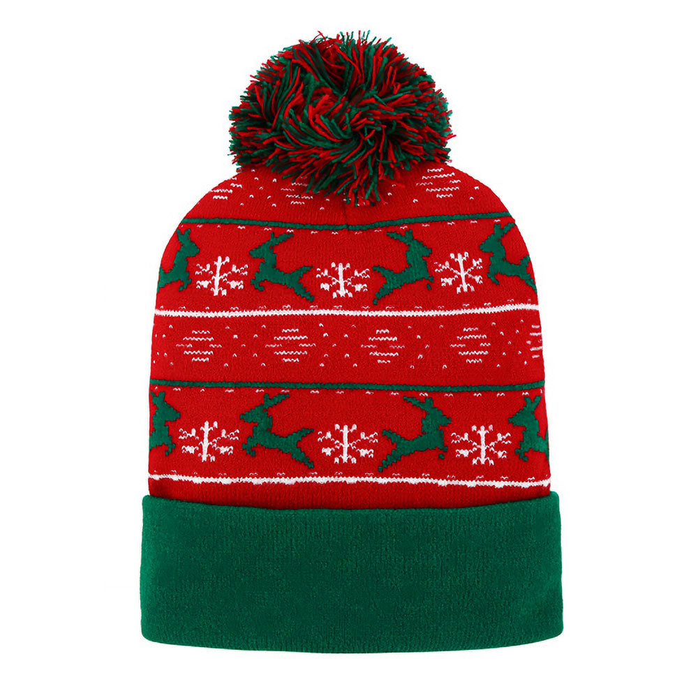 Reindeer Snowflake Pattern Pom Pom Winter Beanie Hat