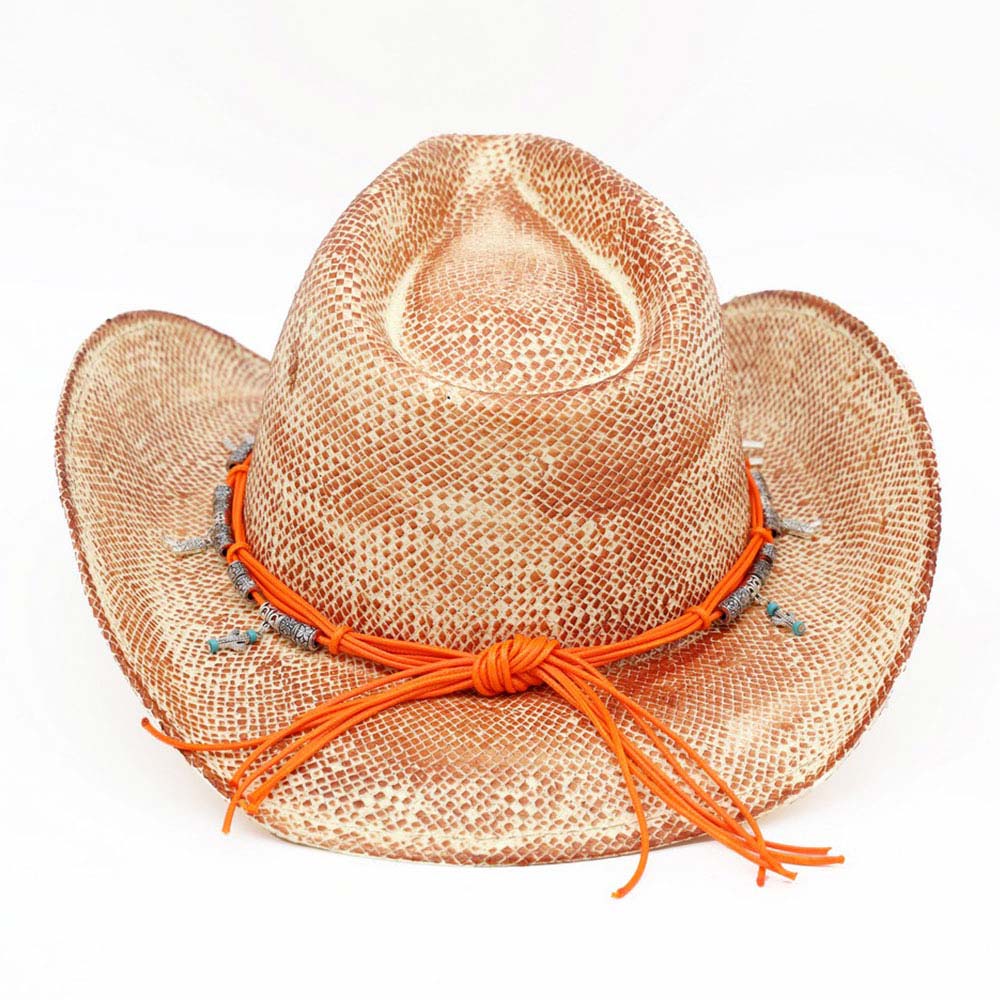 Handmade Vintage Steer Head Cactus Horseshoe Charm Faux Leather Band Western Straw Cowboy Hat