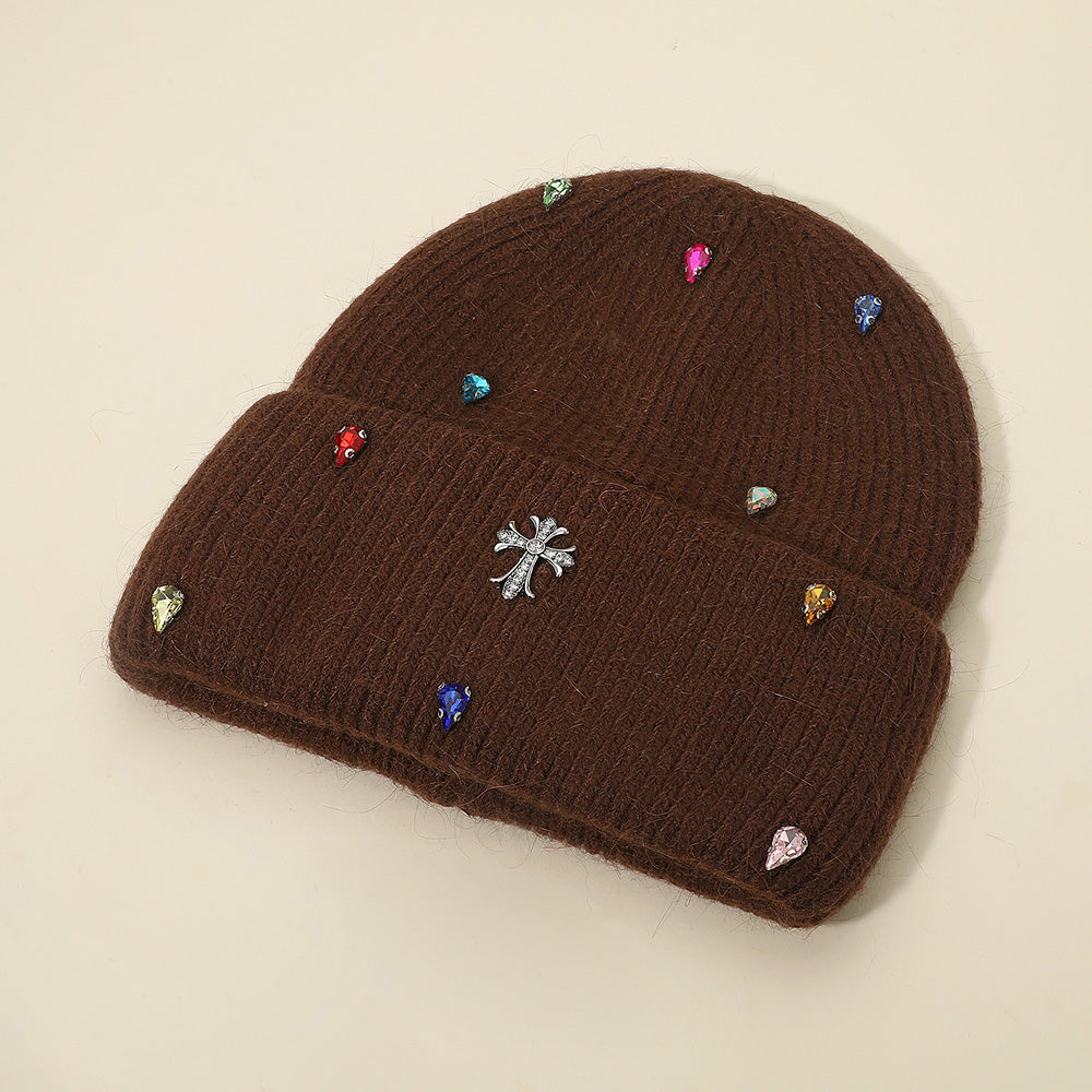 Women's Rhinestone Cross Accent Teardrop Stone Cluster Embellished Knit Beanie Hat