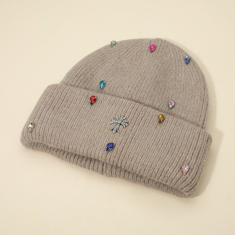 Women's Rhinestone Cross Accent Teardrop Stone Cluster Embellished Knit Beanie Hat