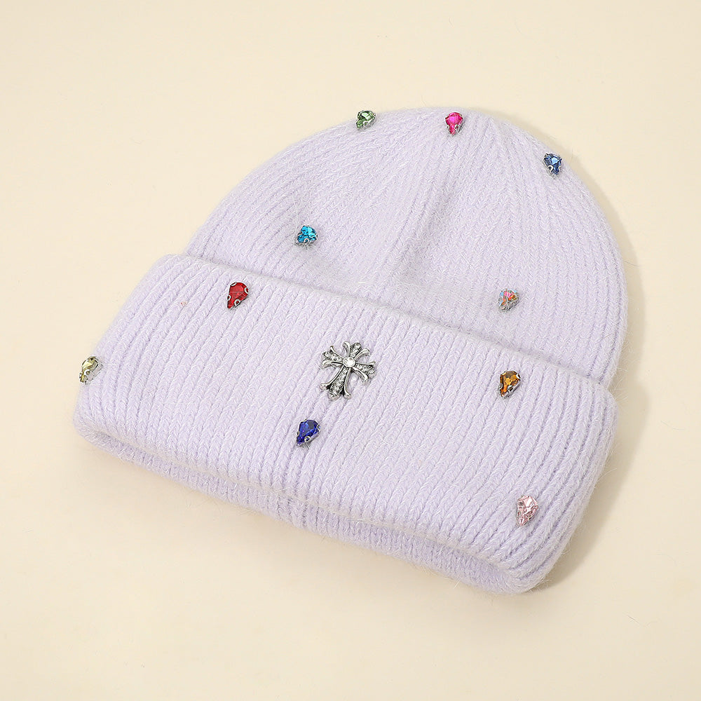 Women's Rhinestone Cross Accent Teardrop Stone Cluster Embellished Knit Beanie Hat