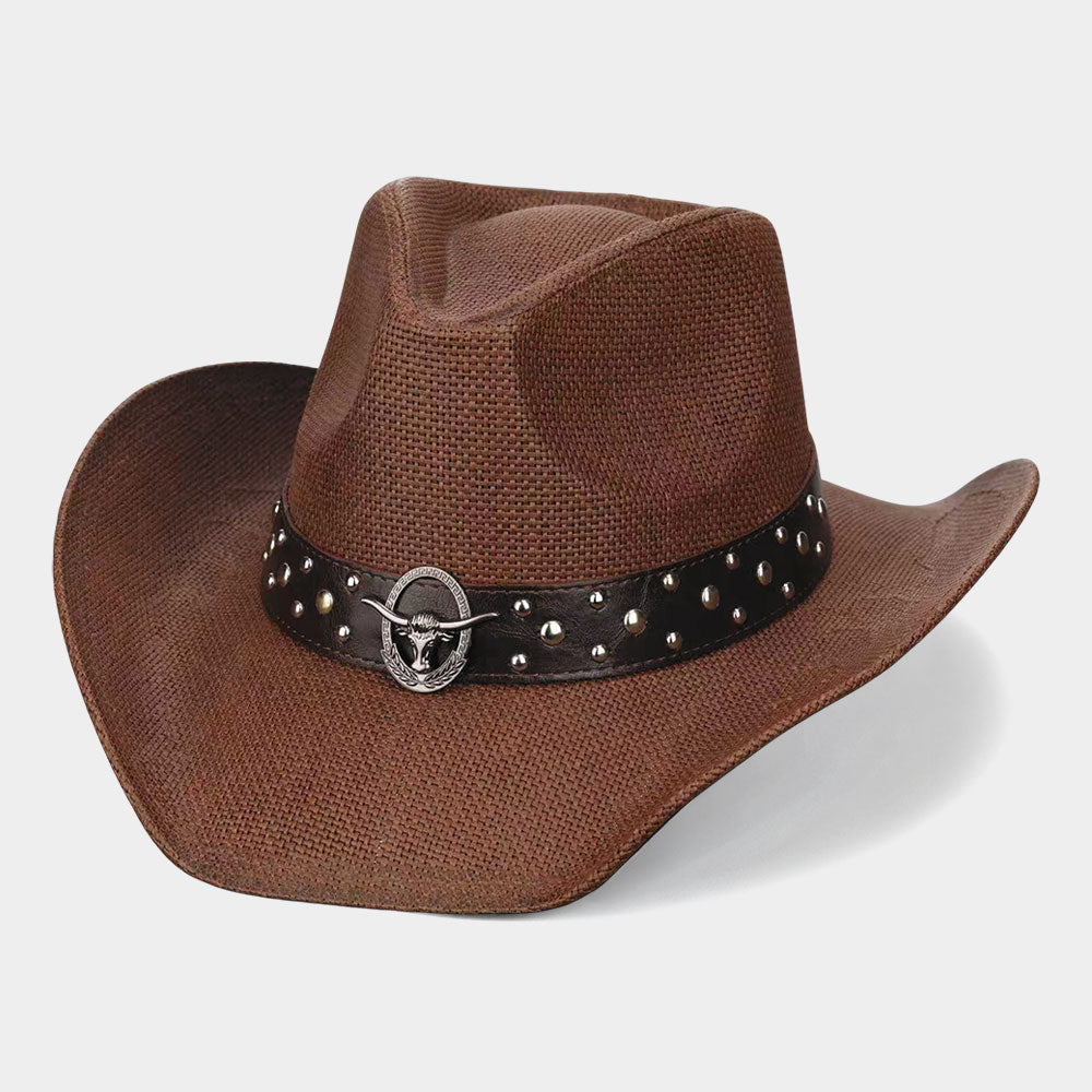 Metal Steer Head Emblem Studded Faux Leather Band Western Straw Cowboy Fedora Hat