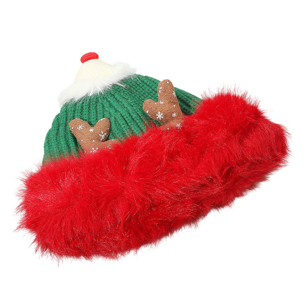 Fuzzy Fur Antlers Accent Christmas Knit Beanie Hat