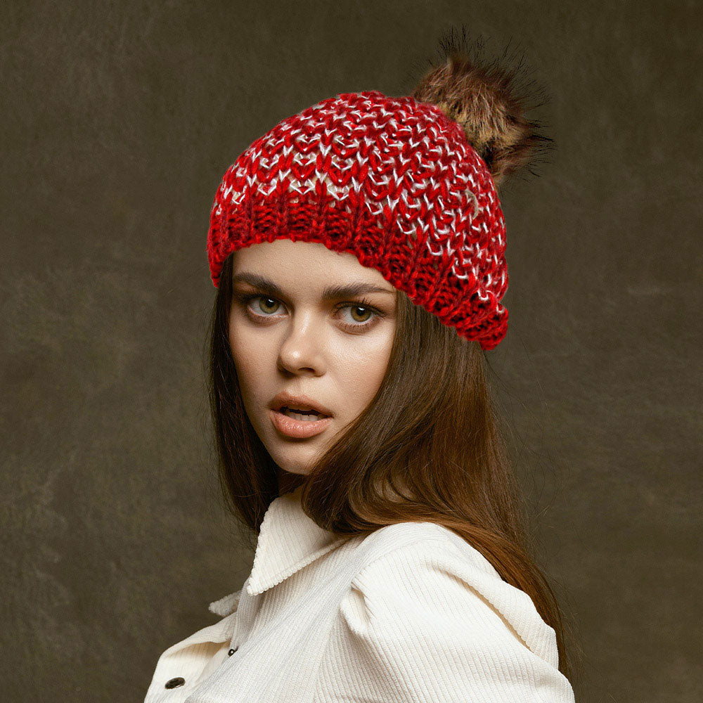 Chunky Two Tone Knit Pom Pom Beanie Hat