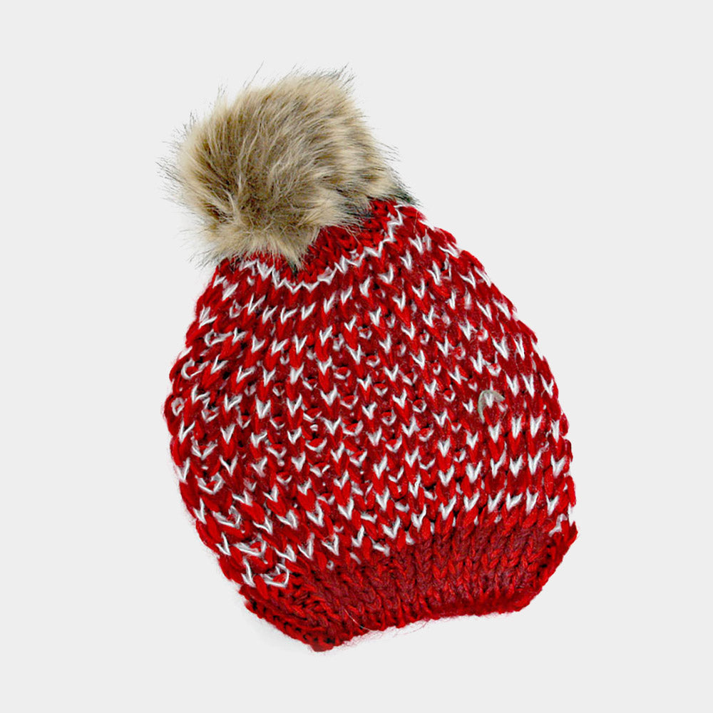 Chunky Two Tone Knit Pom Pom Beanie Hat