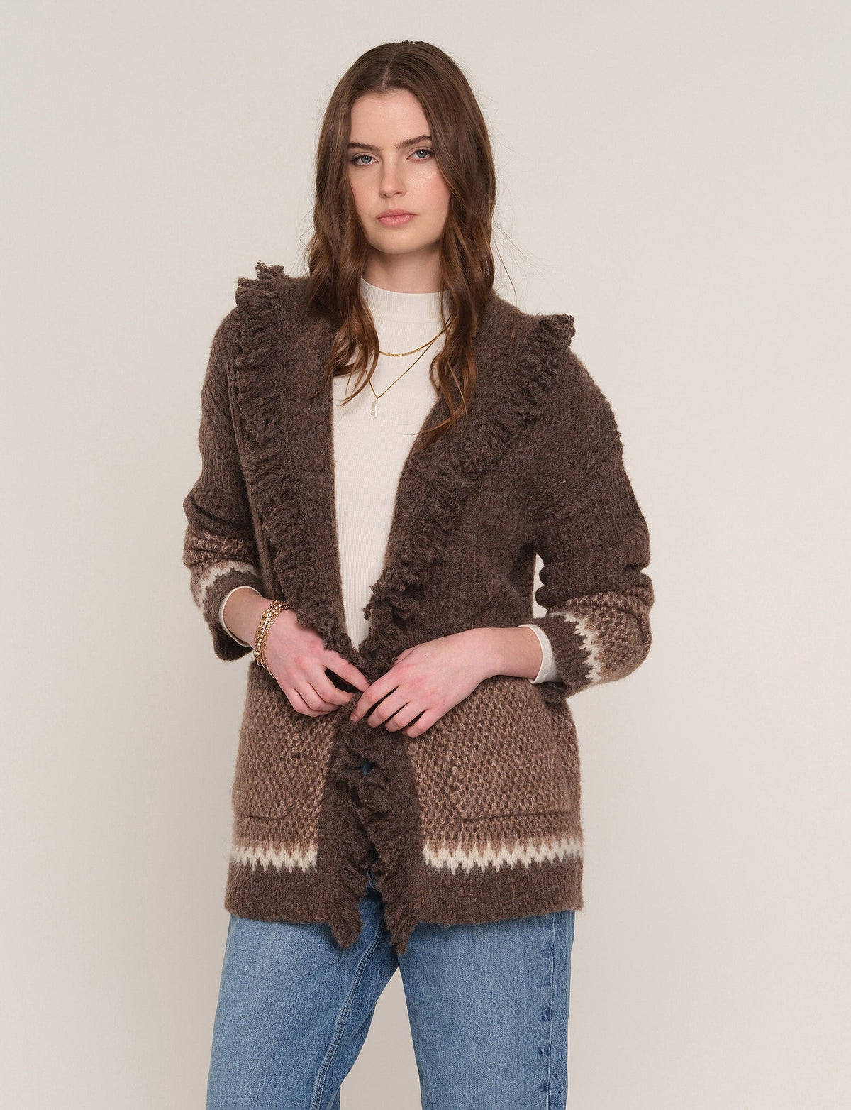 Delphine Cardi in mocha, front