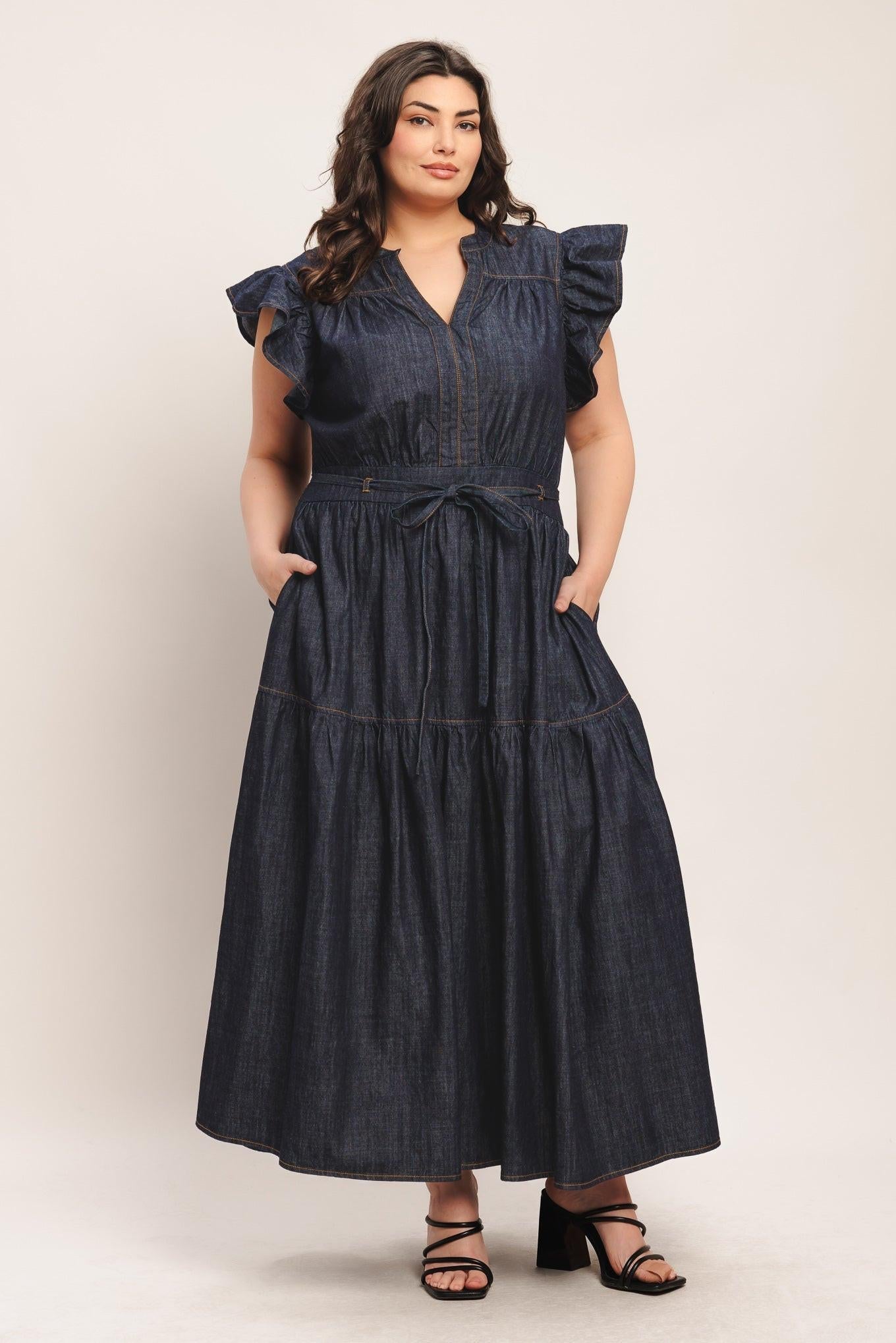 POWER DENIM GODDESS DARK INDIGO MIDI DRESS
