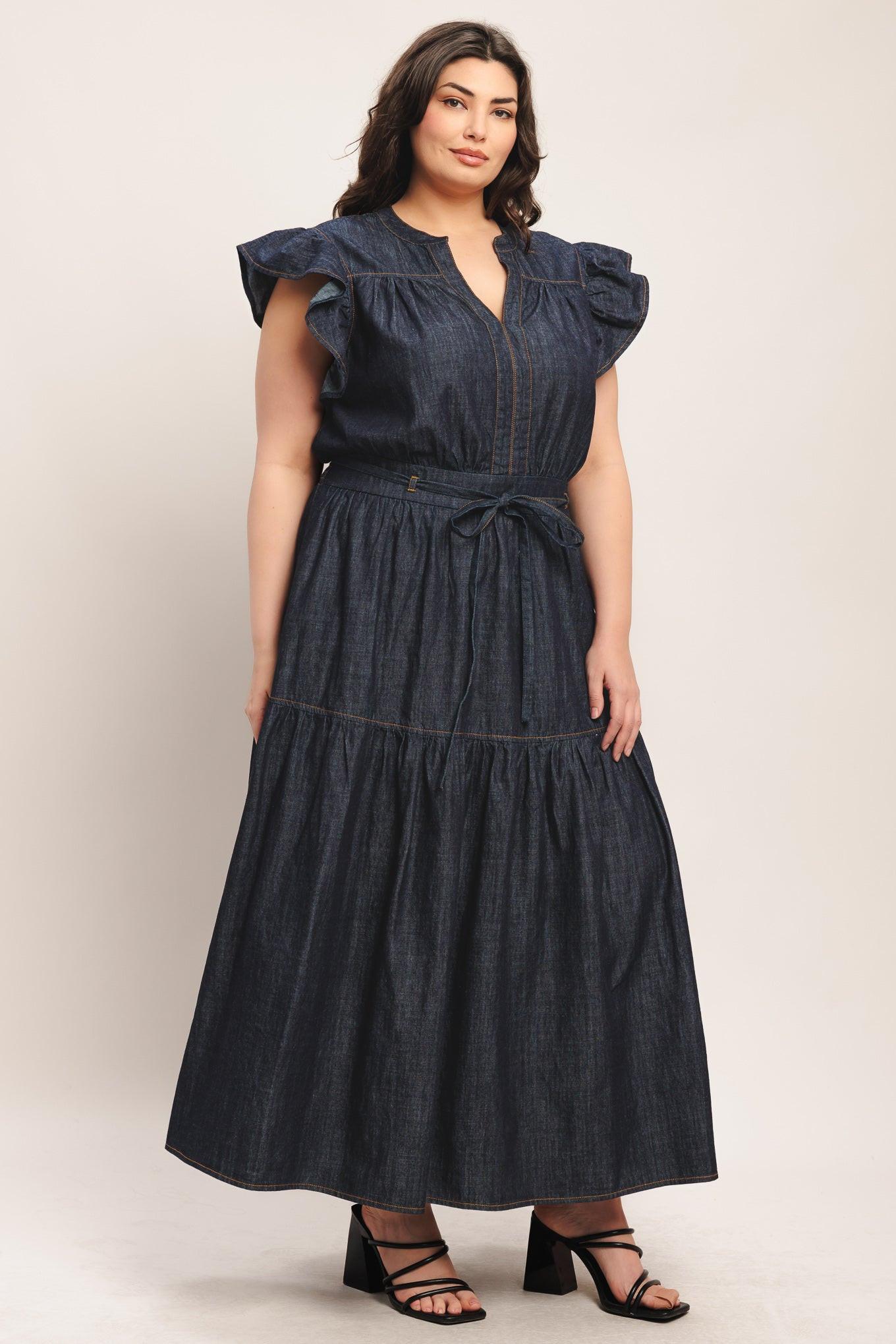 POWER DENIM GODDESS DARK INDIGO MIDI DRESS