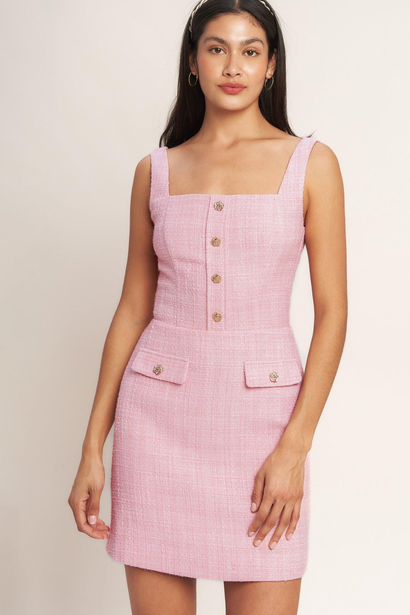 ON MY WAY PINK WOVEN TWEED MINI DRESS