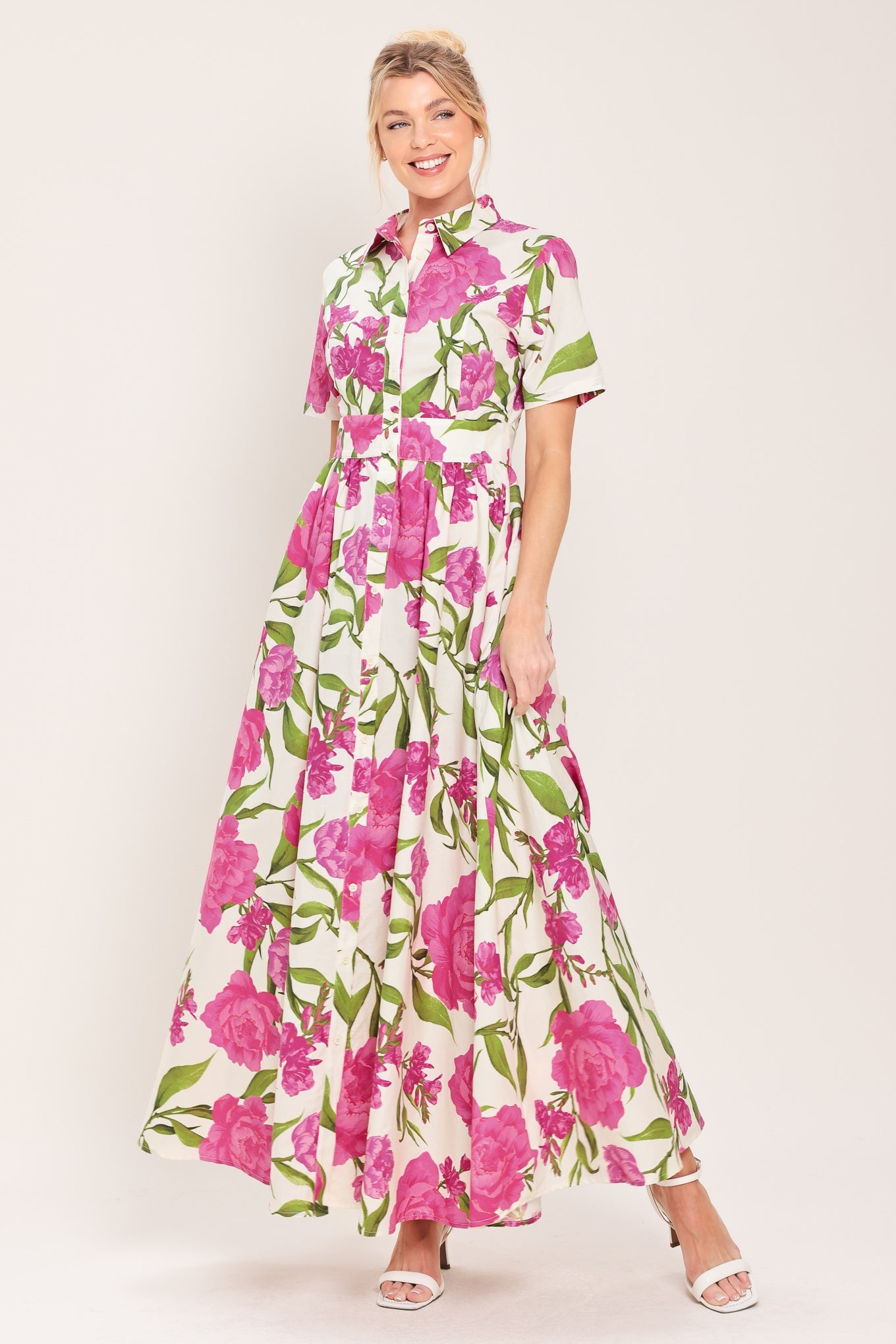 BLOOMING ROSE WOVEN MAXI SHIRT DRESS