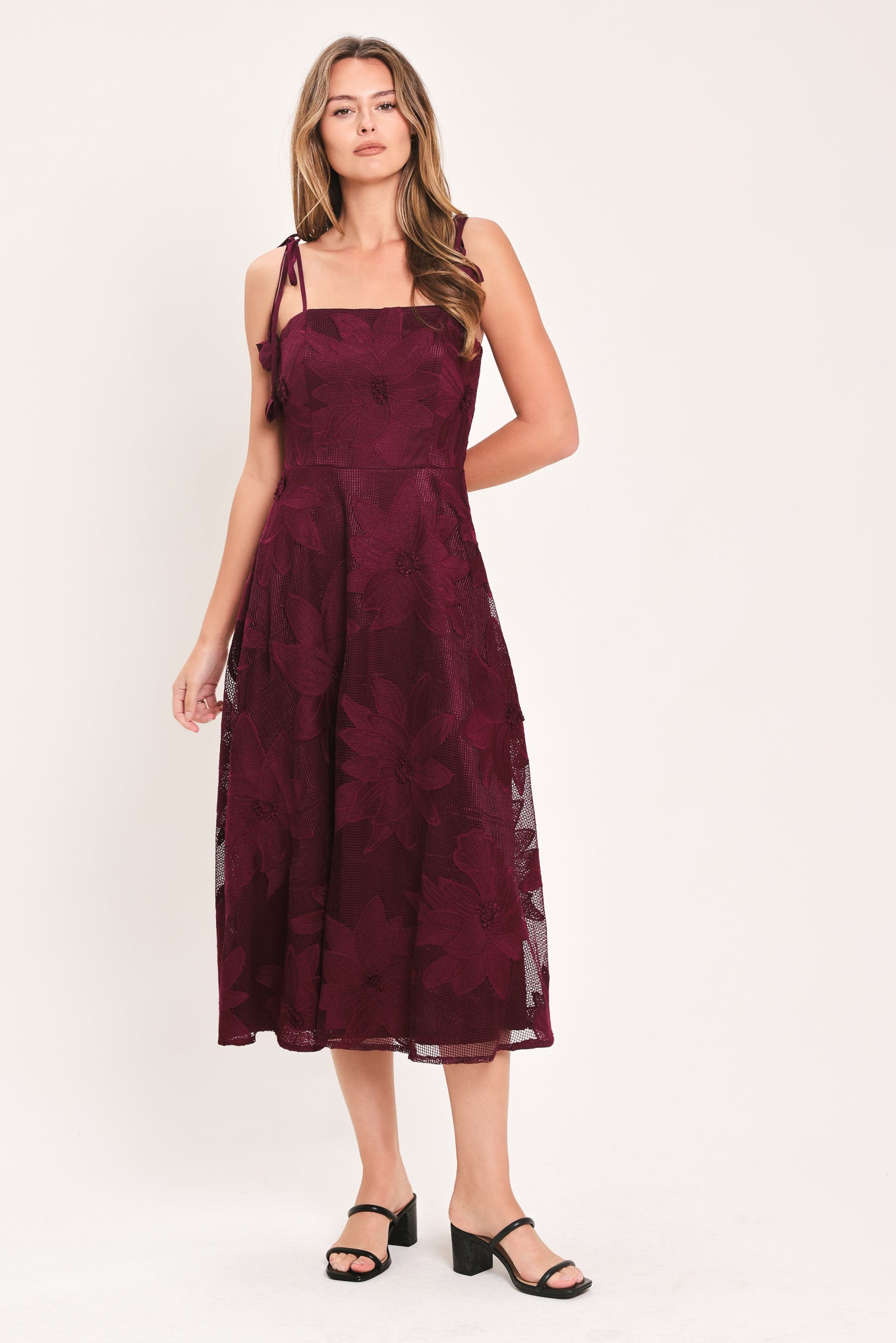 SANDY BLOOM FLORAL WOVEN LACE MIDI DRESS